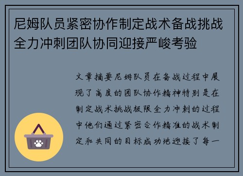 尼姆队员紧密协作制定战术备战挑战全力冲刺团队协同迎接严峻考验