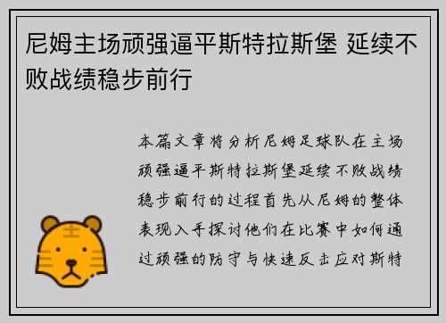 尼姆主场顽强逼平斯特拉斯堡 延续不败战绩稳步前行