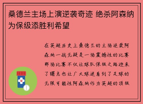 桑德兰主场上演逆袭奇迹 绝杀阿森纳为保级添胜利希望