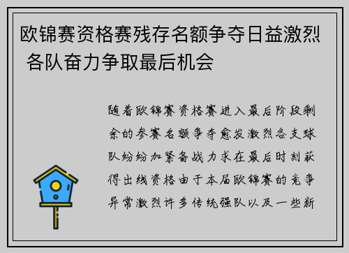 欧锦赛资格赛残存名额争夺日益激烈 各队奋力争取最后机会