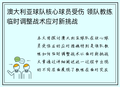 澳大利亚球队核心球员受伤 领队教练临时调整战术应对新挑战