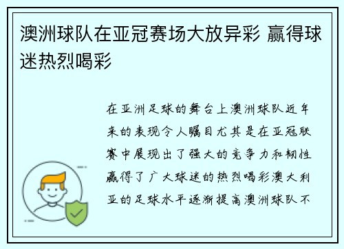 澳洲球队在亚冠赛场大放异彩 赢得球迷热烈喝彩