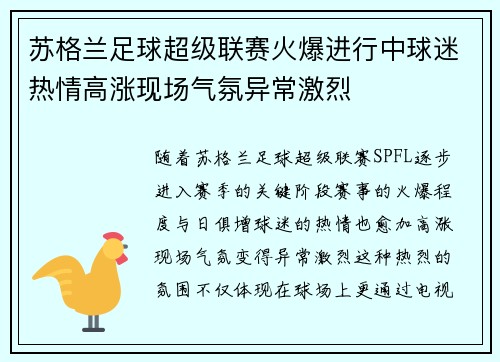 苏格兰足球超级联赛火爆进行中球迷热情高涨现场气氛异常激烈