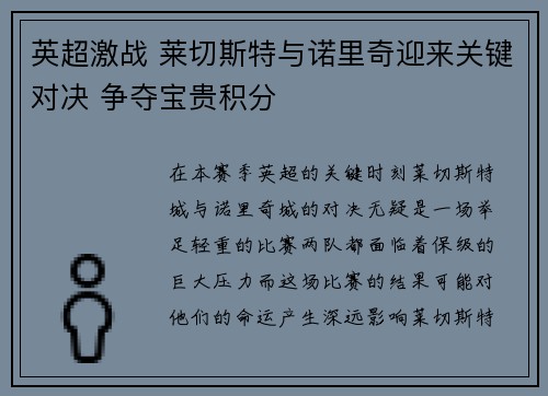 英超激战 莱切斯特与诺里奇迎来关键对决 争夺宝贵积分