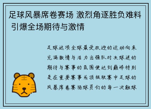 足球风暴席卷赛场 激烈角逐胜负难料 引爆全场期待与激情