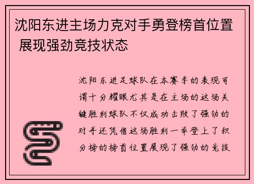沈阳东进主场力克对手勇登榜首位置 展现强劲竞技状态
