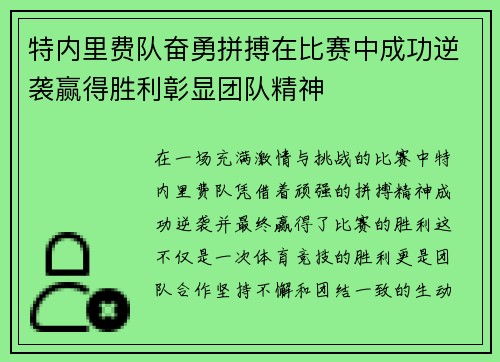 特内里费队奋勇拼搏在比赛中成功逆袭赢得胜利彰显团队精神
